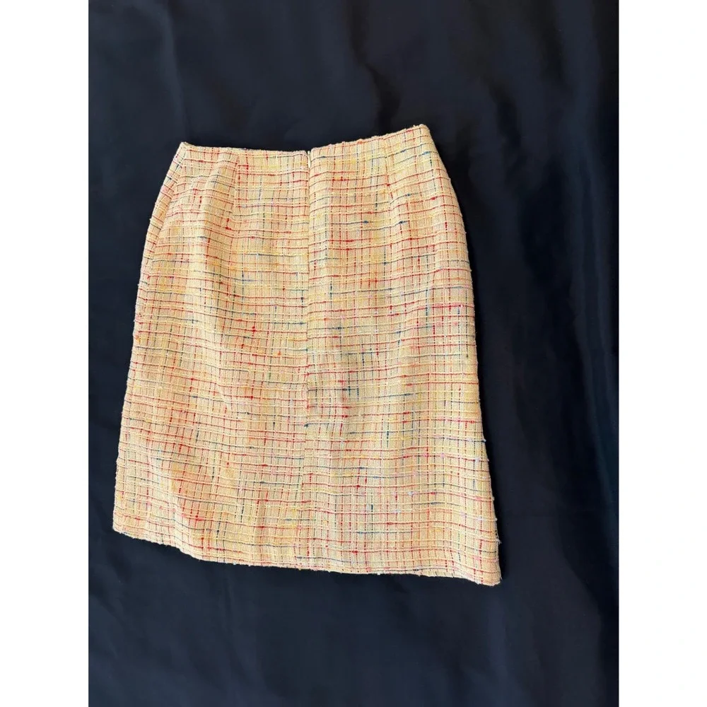 Yellow Plaid Tweed MiniSkirt Sz 10 A-Line Front Pleats Lined Vintage